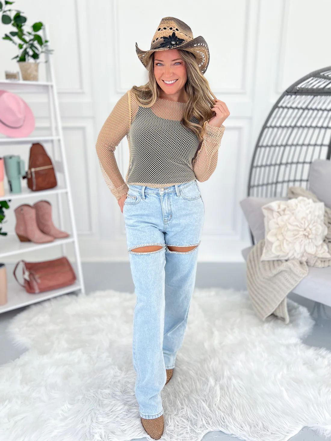 Shine On Me - Rigid Magic Rhinestone Slit Detail Straight Jeans